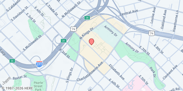 Map showing Central Piedmont Community College Emergency Food Pantry @ Central Campus at 1201 Elizabeth Ave, Charlotte, NC