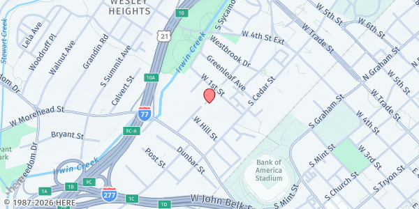 Map showing Charlotte Rescue Mission - Center City Location at 915 West 1st Street, Charlotte, NC