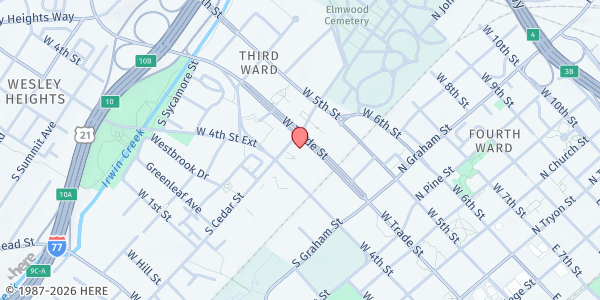 Map showing Greater Mount Moriah Soup Kitchen at 727 West Trade Street, Charlotte, NC