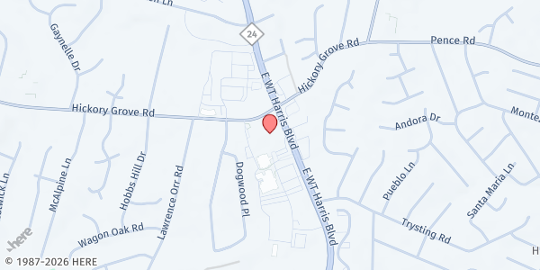 Map showing Hickory Grove Baptist Church at 7200 E. WT Harris Blvd., Charlotte, NC