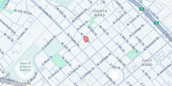 Map showing Loaves & Fishes @ First Presbyterian Church at 200 W. Trade St., Charlotte, NC