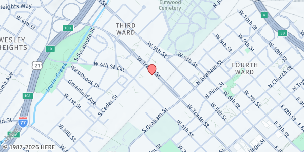 Map showing Mt Moriah Primative Baptist at 747 W. Trade St., Charlotte, NC