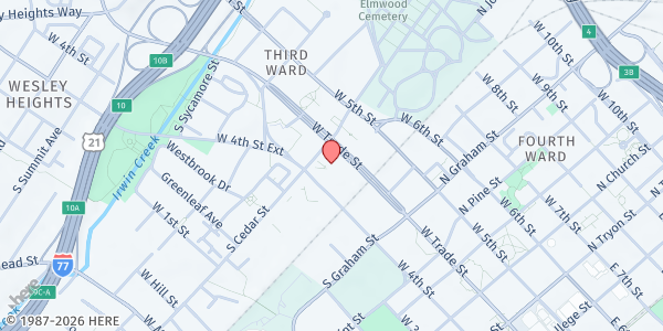 Map showing Mt Moriah Primitive Baptist-Soup Kitchen at 727 W Trade St, Charlotte, NC