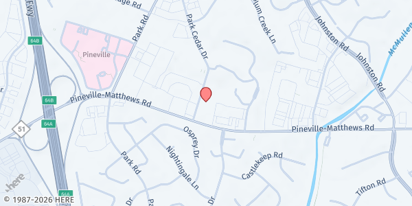 Map showing Pineville Church of Nazarene at 8614 Pineville-Matthews Road, Charlotte, NC