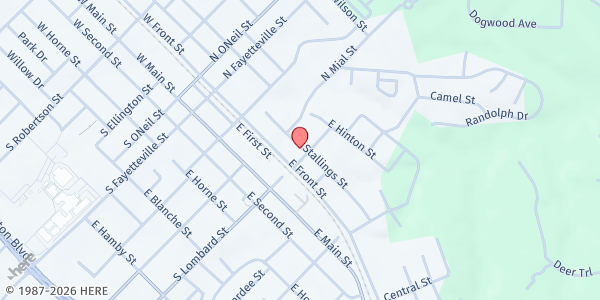 Map showing First Baptist Church at 257 East Stalling Street, Clayton, NC