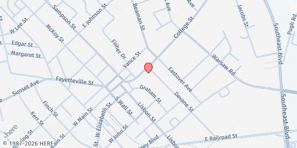 Map showing 1st Baptist Church Soup Kitchen at 408 College St., Clinton, NC