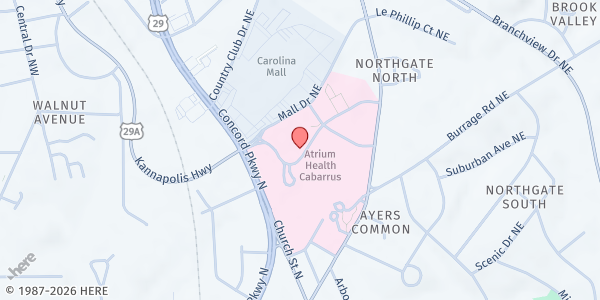 Map showing ATRIUM BEHAVIORIAL HEALTH - Concord at 301 Medical Park Drive Northeast, Concord, NC
