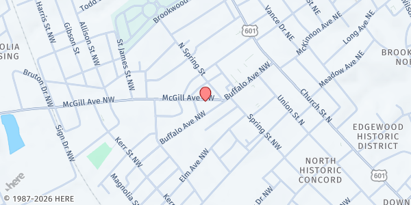 Map showing VICTORY IN JESUS CHRIST MINISTRIES INC at 107 McGill Avenue Northwest, Concord, NC