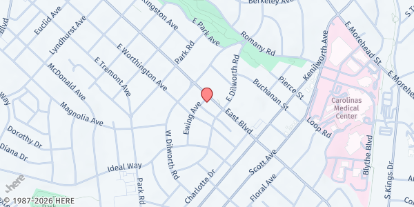 Map showing The Relatives Youth Center at 1100 East Boulevard, Dilworth, NC