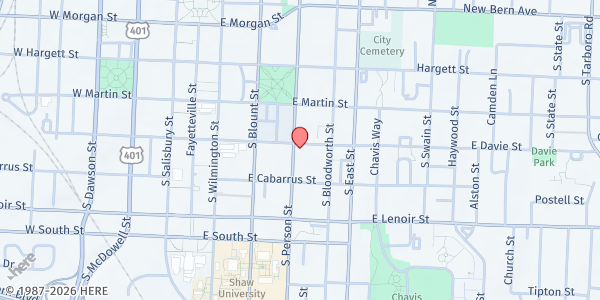 Map showing Davie St. Presbyterian at 300 East Davie Street, Downtown, NC