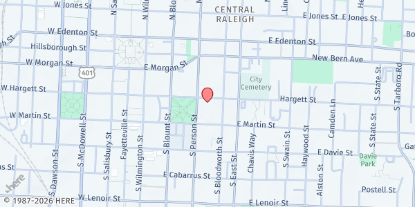 Map showing Raleigh Rescue Mission at 314 East Hargett Street, Downtown, NC