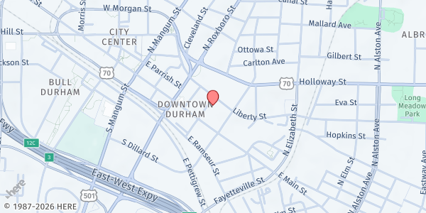 Map showing Urban Ministries of Durham County Food Pantry at 410 Liberty Street, Downtown, NC