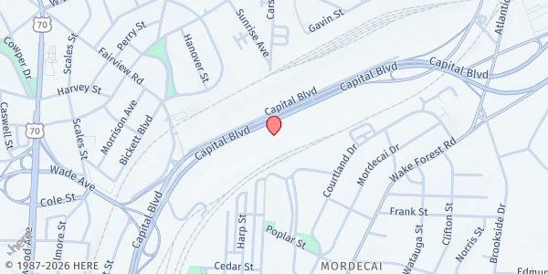 Map showing Urban Ministries of Wake County at 1390 Capital Boulevard, Downtown, NC