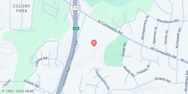 Map showing Jewish Family Services at 1937 West Cornwallis Road, Duke Forest, NC