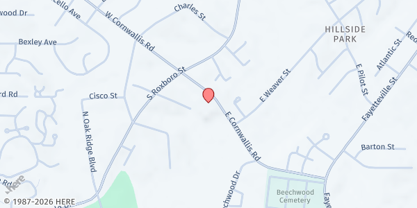Map showing Bell-Yeager at 128 E. Cornwallis Rd., Durham, NC