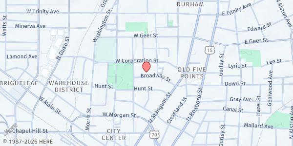 Map showing CAARE, Inc. - Durham at 214 Broadway Street, Durham, NC