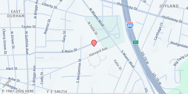 Map showing Emmanuel Pentecostal Temple at 2722 E. Main St., Durham, NC