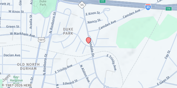 Map showing Faith Temple House of Prayer (FTHOP) at 1603 Avondale Dr., Durham, NC