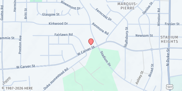 Map showing First Pentecostal/Durham at 2008 W. Carver St., Durham, NC