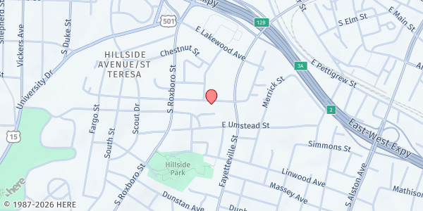Map showing Fisher Memorial United Holy Church at 410 E. Piedmont Ave., Durham, NC