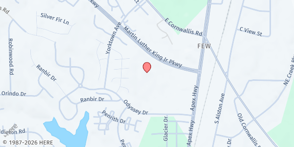 Map showing Kings Park International Church at 1305 Odyssesy Dr., Durham, NC