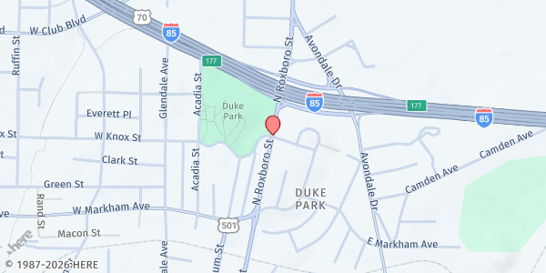 Map showing Ministerio Guerrero de Jesucristo at 1800 N. Roxboro St., Durham, NC