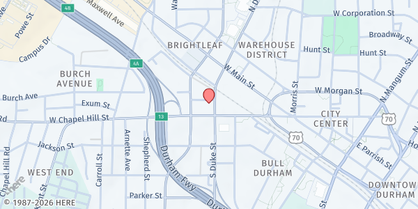 Map showing West End Community (at Duke Memorial United Methodist Church) at 504 W Chapel Hill St, Durham, NC