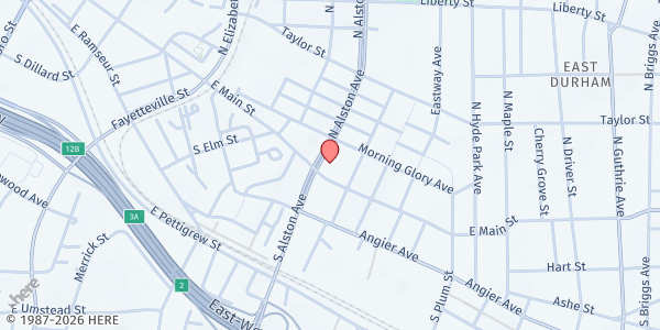 Map showing Durham Rescue Mission at 1201 East Main Street, East Durham, NC