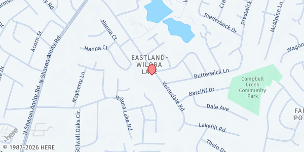 Map showing Feed My Sheep at 6116 Vernedale Road, Eastland - Wilora Lake, NC
