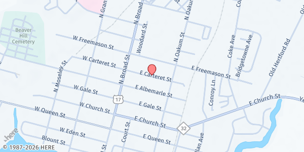 Map showing Pleasant Grove Soup Kitchen at 121 E. Carteret St., Edenton, NC