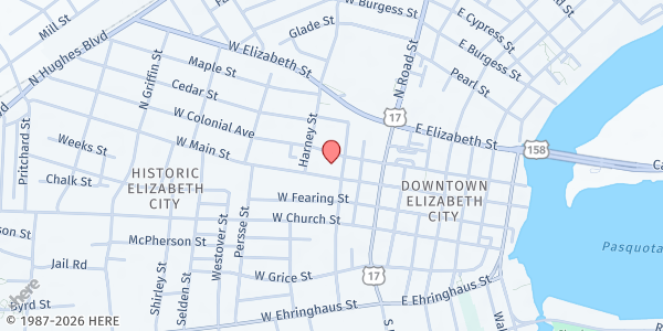 Map showing The First Baptist Church at 300 W Main St, Elizabeth City, NC