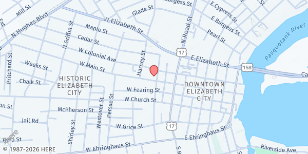 Map showing The First Baptist Church at 300 W. Main St., Elizabeth City, NC