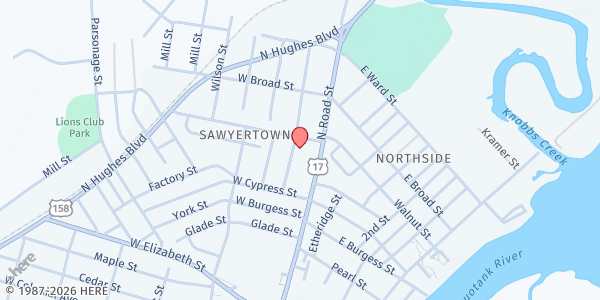 Map showing Victory Praise & Worship Center at 718 Greenleaf St., Elizabeth City, NC