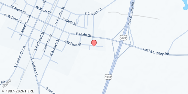 Map showing WRAJ Outreach Ministries at 604 E. Wilson St., Elm City, NC