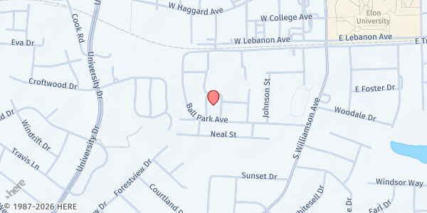 Map showing Elon First Baptist Church at 113 Lynn St, Elon, NC