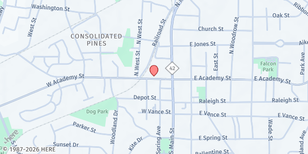Map showing Fuquay Varina Emergency Food Pantry at 216 West Academy Street, Fuquay-Varina, NC
