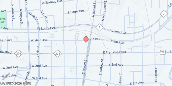 Map showing Salvation Army - Gastonia at 107 South Broad Street, Gastonia, NC