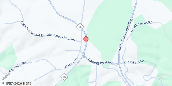 Map showing MBL - Ashe Harvest Ministries Main Office at 7376 NC16 South, Glendale Springs, NC