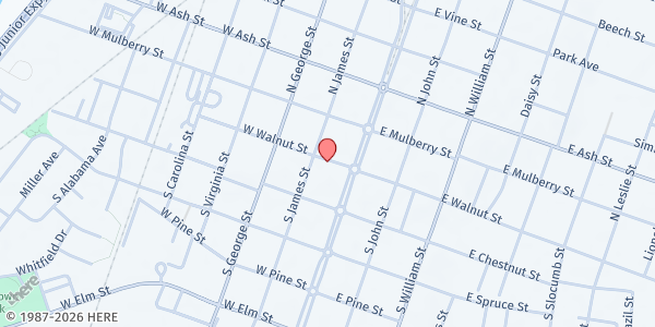 Map showing Pete Norris Ministries Inc at 126 West Walnut Street, Goldsboro, NC