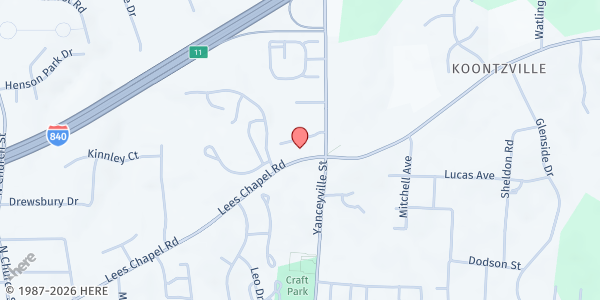 Map showing 180 turn Ch.- Jean & Dean Food Pantry at 1379 Lees Chapel Rd, Greensboro, NC