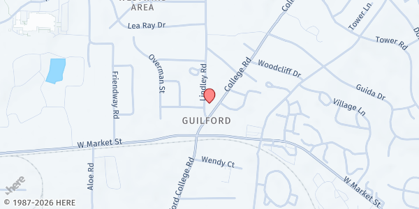 Map showing Friendship Community Church of God at 201 College Road, Greensboro, NC