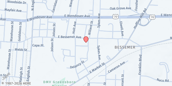 Map showing Genesis Baptist Church at 2812 E. Bessemer Ave, Greensboro, NC