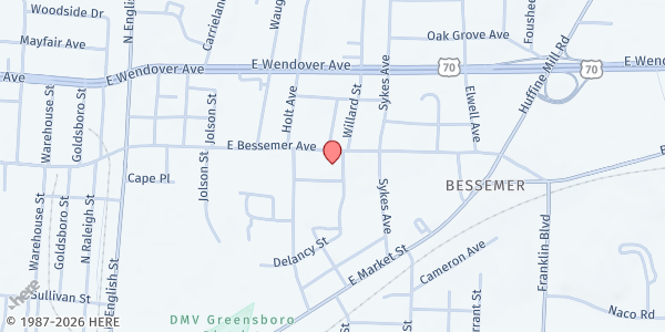 Map showing Genesis Baptist Church Food Pantry at 2812 E. Bessemer Ave, Greensboro, NC