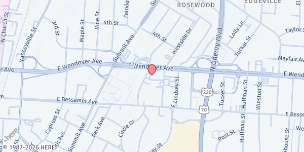 Map showing Guilford County DHHS/Division of Public Health - Main Office at 1100 Wendover Avenue East, Greensboro, NC