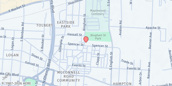 Map showing True Salvation Outreach Ministry at 1901 Spencer St, Greensboro, NC