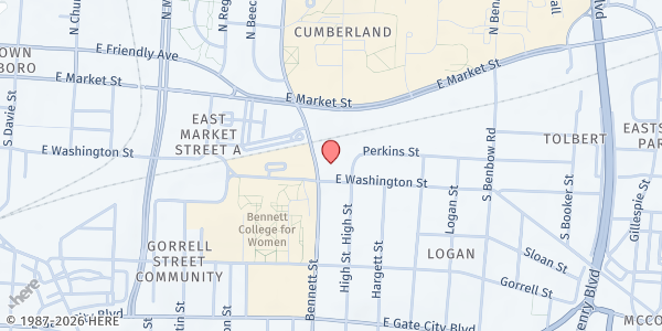 Map showing Wells Memorial - We Care Food Pantry at 1001 E Washington Street, Greensboro, NC