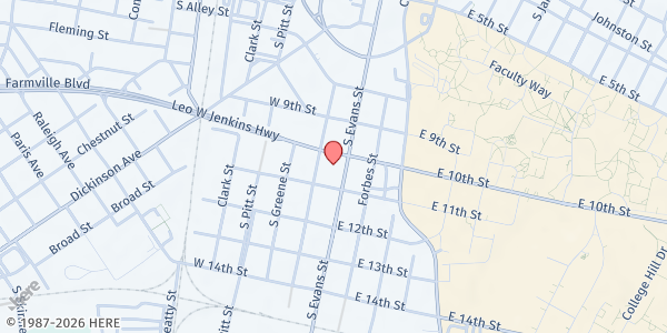 Map showing Agape Community Cultural Activity Spirit & Truth Worship at 1002 Evans Street, Greenville, NC