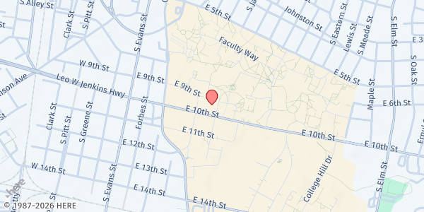 Map showing ECU Purple Pantry at 501 E. 10th St., Greenville, NC