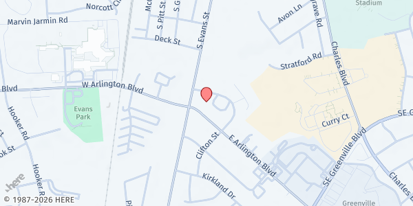 Map showing Hope of Glory Ministries, Inc. - Community Outlet at 103 E. Arlington Blvd., Suite 106, Greenville, NC