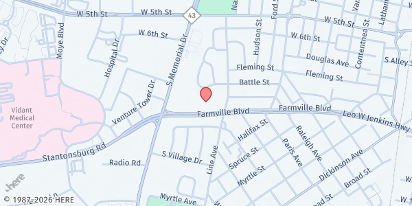 Map showing Love Ministries Church at 1610 Farmville Blvd., Greenville, NC